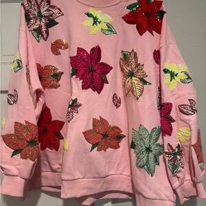 QUEEN OF SPARKLES Poinsettias Pink Sweatshirt with Sequin Floral Design